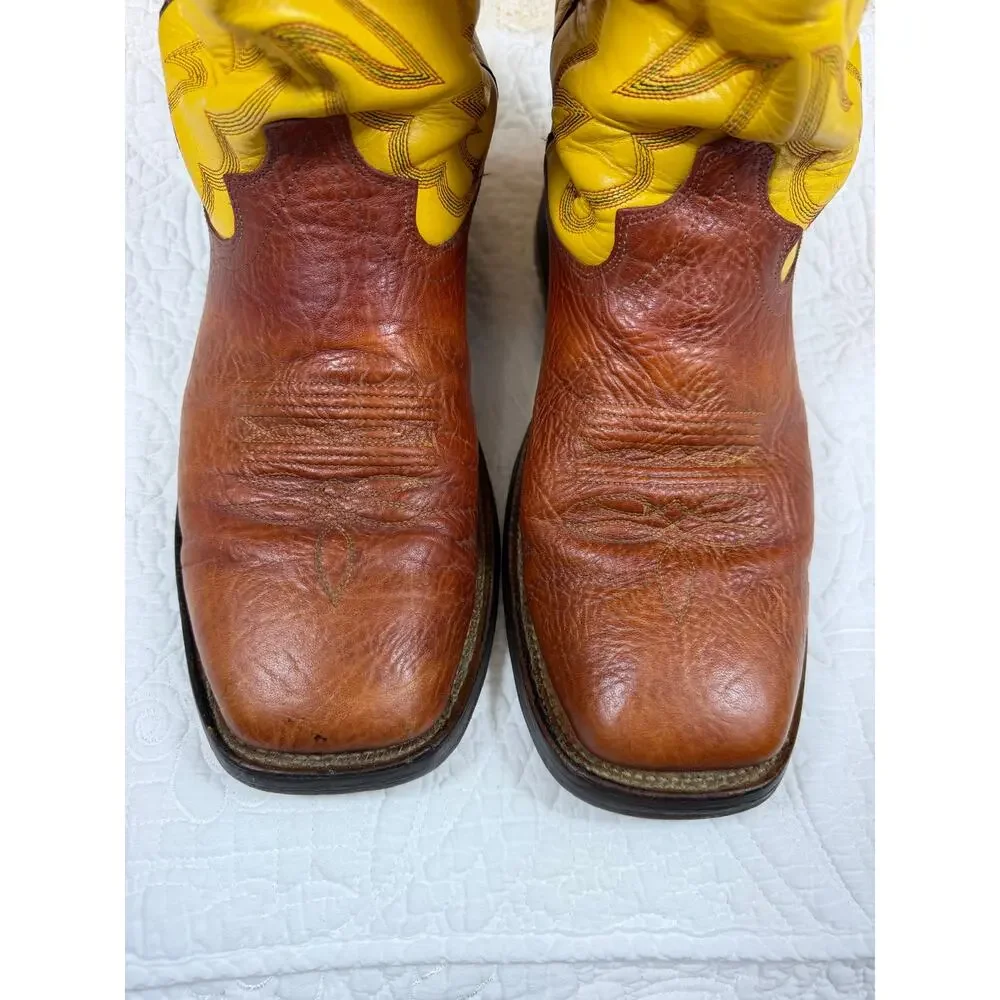 Old West Men 8D Brown Yellow Two Tone Square Toe Western Cowboy Boots Rodeo